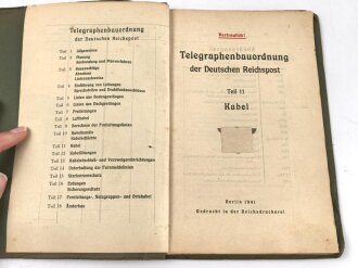 "Telegraphenbauordnung der Deutschen Reichspost" Teil 11: Kabel, datiert 1941 mit 118 Seiten, stark gebrauchtAdler samt HK geschwärzt