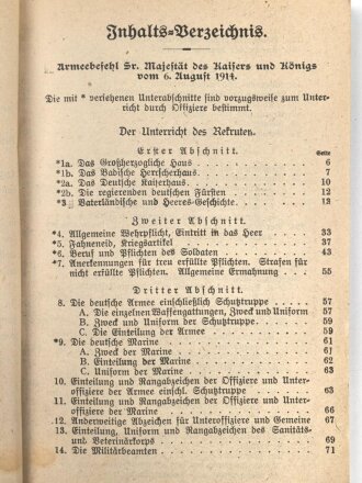 "Dienstunterricht des badischen Infanteristen - Ein Leitfaden für den Unterricht der Mannschaften" datiert 1915, 270 Seiten, DIN A5, stark gebraucht, Einband fehlt