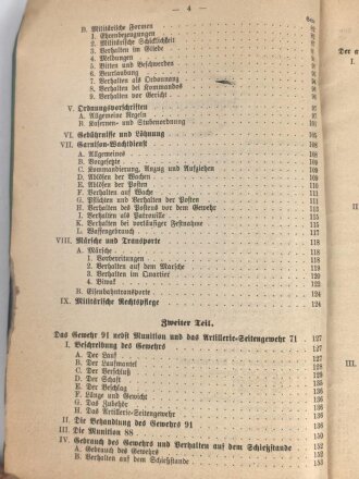 "Leitfaden für den Unterricht der Kanoniere der Fußartillerie" datiert 1902, 255 Seiten, DIN A5, stark gebraucht