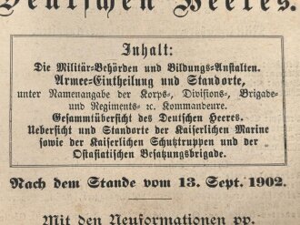 "Eintheilung und Standorte des Deutschen Heeres" datiert 1902, 64 Seiten, DIN A5