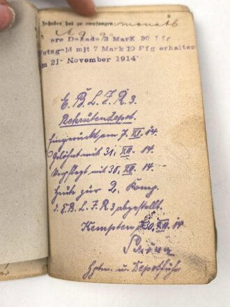 Bayern, Soldbuch Diensteintritt am 7.11.1914  bei Landwehr Regiment 3