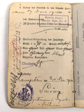 Bayern, Soldbuch Diensteintritt am 7.11.1914  bei Landwehr Regiment 3