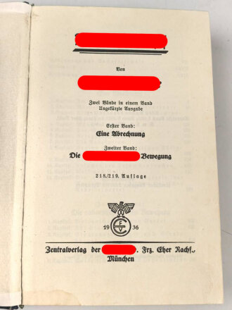 Adolf Hitler " Mein Kampf" blaue Ganzleinenausgabe von 1936 zum Dienstjubiläum eines Reichsbahnbetriebsassistenten, Einband leicht defekt 