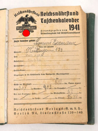 "1941 Reichsnährstand Taschenkalender",...