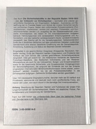 "Die Sicherheitskräfte in der Republik Baden 1918-1933 von der Volkswehr zur Einheitspolizei" 288 Seiten, DIN A5