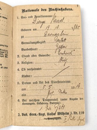 Baden Militärpaß, eingestellt am 5.5.1916 bei 2.Bad. Gren. regt. Kaiser Wilhelm I Nr. 110