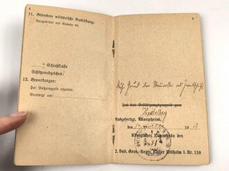 Baden Militärpaß, eingestellt am 5.5.1916 bei 2.Bad. Gren. regt. Kaiser Wilhelm I Nr. 110
