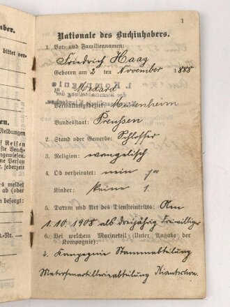 Militärpaß Kaiserliche Marine