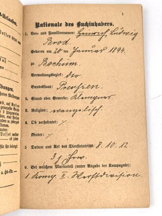 Militärpaß kaiserliche Marine, , Diensteintritt am 8.10.12 bei 1. Komp. II. Werftdivision