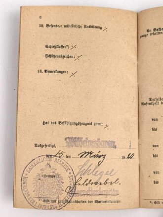 Militärpaß kaiserliche Marine, , Diensteintritt am 8.10.12 bei 1. Komp. II. Werftdivision