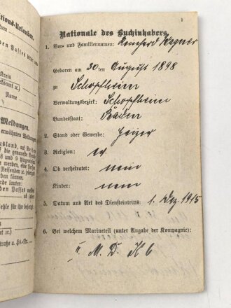 Militärpaß kaiserliche Marine, Diensteintritt am 1. Dez. 1915 bei II. Marine Division.