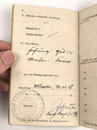 Militärpaß kaiserliche Marine, Diensteintritt am 1. Dez. 1915 bei II. Marine Division.