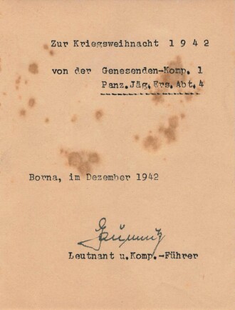 " Zur Kriegsweihnacht 1942 " Anschreiben von der" Genesenden Komp. 1 Panzer Jäger Ersatz Abteilung 4" aus Borna, datiert Dezember 1942, A6
