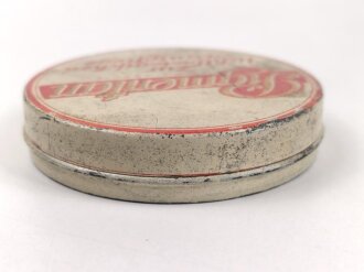 Blechdose " Pigmentan" zur lichtbiologischen Hautpflege. Preis in Reichsmark. Leer. Durchmesser 76mm