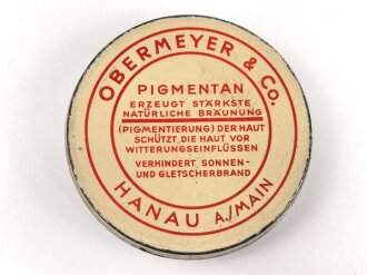 Blechdose " Pigmentan" zur lichtbiologischen Hautpflege. Preis in Reichsmark. Leer. Durchmesser 76mm