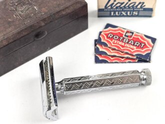 Metallrasierer in rotbrauner Preßstoffdose von Rotbart.