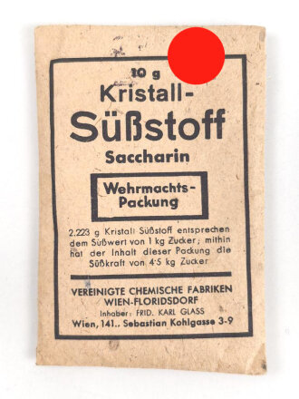 Päckchen " Kristall Süßstoff Saccarin" Wehrmachts- Packung. Mitgedruckt