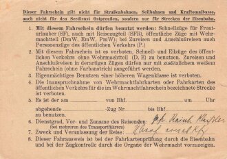 Kleiner Wehrmachtsfahrschein Teil 1 und 2 - für eine Zugfahrt von Catania nach Taormina Sizilien, datiert 1943