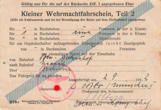 Kleiner Wehrmachtsfahrschein Teil 2 - für eine Zugfahrt, datiert 1942