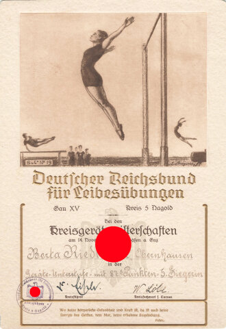 Deutsche Reichsbund für Leibesübungen, Gau XV Teilnahmeurkunde bei den Kreisgerätmeisterschaften 1937, DIN A5