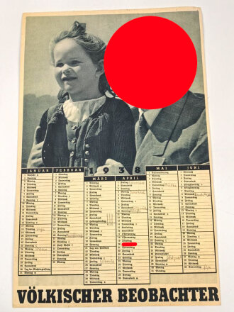 Völkischer Beobachter Kalender 1938, ca. DIN A3, geknickt