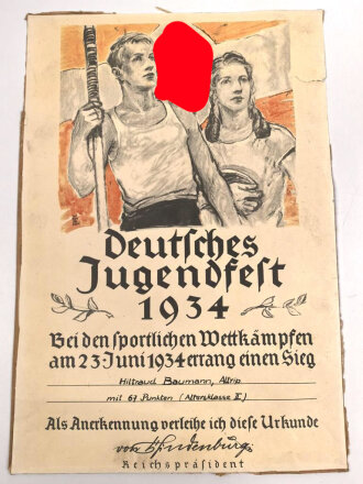 Deutsches Jugendfest 1934, Teilnahmeurkunde, eingerissen,...
