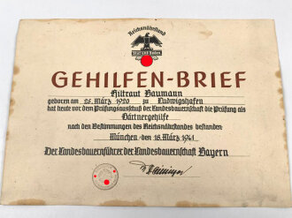 Reichsnährstand "Gehilfen-Brief" einer Gärtnergehilfin aus Bayern, 1941. 30 x 40cm