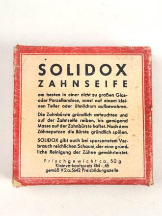 Pack " Solidox "Zahnseife, ungeöffnet, Preis in Reichsmark
