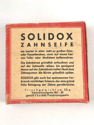 Pack " Solidox "Zahnseife, ungeöffnet, Preis in Reichsmark