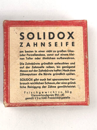 Pack " Solidox "Zahnseife, ungeöffnet, Preis in Reichsmark