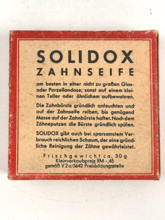 Pack " Solidox "Zahnseife, ungeöffnet, Preis in Reichsmark