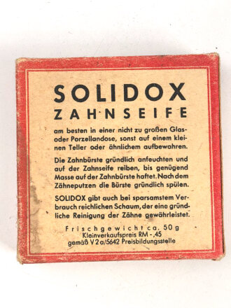 Pack " Solidox "Zahnseife, ungeöffnet, Preis in Reichsmark