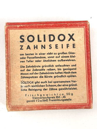 Pack " Solidox "Zahnseife, ungeöffnet, Preis in Reichsmark