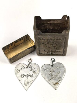 Kriegsgefangenschaft Erinnungsbehälter aus Messingblech " Kriegsgefangenschaft La Loga 1945" 5 x 8 x 2,5cm