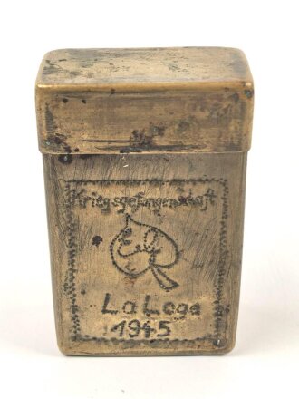 Kriegsgefangenschaft Erinnungsbehälter aus Messingblech " Kriegsgefangenschaft La Loga 1945" 5 x 8 x 2,5cm