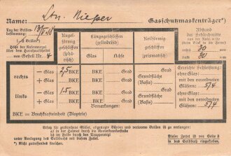 Brillen Ausweis für einen Gasschutzmaskenträger, datiert 1918