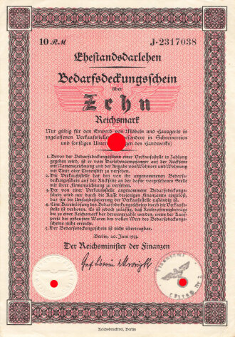 Ehestandsdarlehen, "Bedarfsdeckungsschein über Zehn Reichsmark" DIN A5, datiert 1933