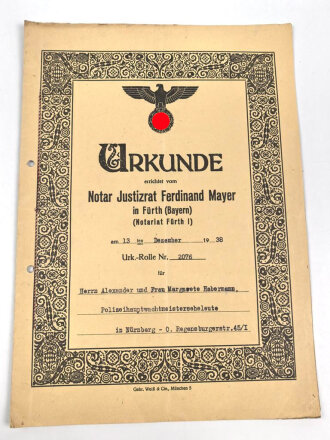 Urkunde von einem Notar an ein Polizeihauptwachtmeisterehepaar aus Nürnberg, über DIN A4, datiert 1938