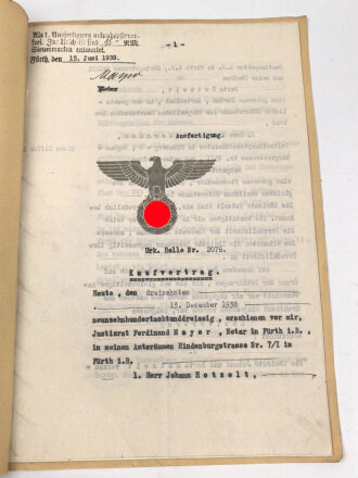 Urkunde von einem Notar an ein Polizeihauptwachtmeisterehepaar aus Nürnberg, über DIN A4, datiert 1938