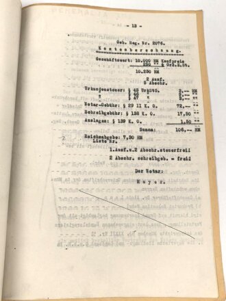 Urkunde von einem Notar an ein Polizeihauptwachtmeisterehepaar aus Nürnberg, über DIN A4, datiert 1938
