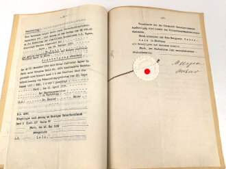 Urkunde von einem Notar an ein Polizeihauptwachtmeisterehepaar aus Nürnberg, über DIN A4, datiert 1938