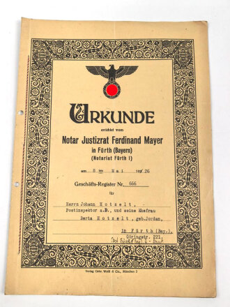 Urkunde von einem Notar an einen Postinspektor und seine Ehefrau aus Fürth, über DIN A4, datiert 1926