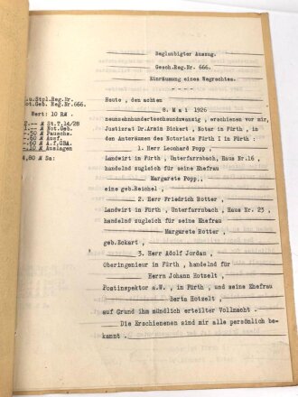 Urkunde von einem Notar an einen Postinspektor und seine Ehefrau aus Fürth, über DIN A4, datiert 1926