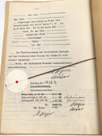 Urkunde von einem Notar an einen Postinspektor und seine Ehefrau aus Fürth, über DIN A4, datiert 1926