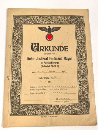 Urkunde von einem Notar an einen Fahrzeughändler und seine Ehefrau aus Fürth, über DIN A4, datiert 1941