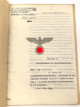 Urkunde von einem Notar an einen Fahrzeughändler und seine Ehefrau aus Fürth, über DIN A4, datiert 1941