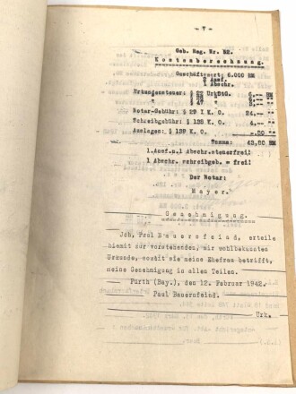 Urkunde von einem Notar an einen Fahrzeughändler und seine Ehefrau aus Fürth, über DIN A4, datiert 1941