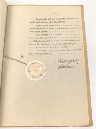 Urkunde von einem Notar an einen Fahrzeughändler und seine Ehefrau aus Fürth, über DIN A4, datiert 1941