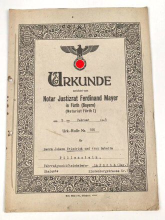 Urkunde von einem Notar an ein Fahrradgeschäftsinhabersehepaar aus Fürth, über DIN A4, datiert 1945