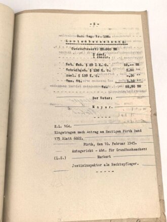 Urkunde von einem Notar an ein Fahrradgeschäftsinhabersehepaar aus Fürth, über DIN A4, datiert 1945